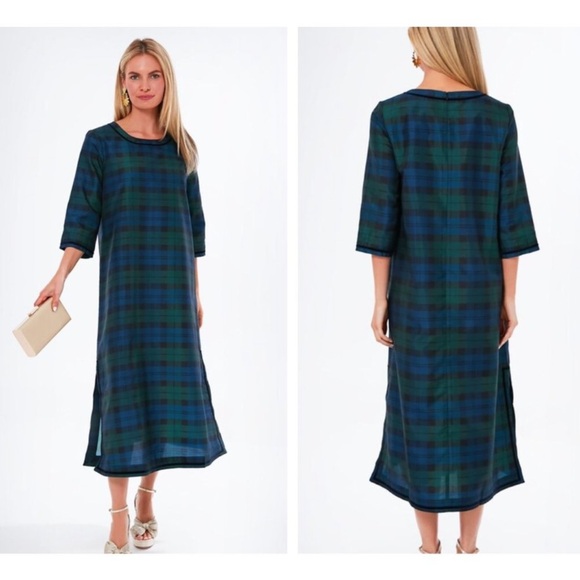 Tuckernuck | NEW Jamie Velvet Trimmed Plaid Blackwatch Midi Dress Size XL - Picture 1 of 8